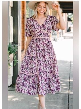Entro Puff Sleeve Midi Dress Medium Purple V Neck Tiered Boho